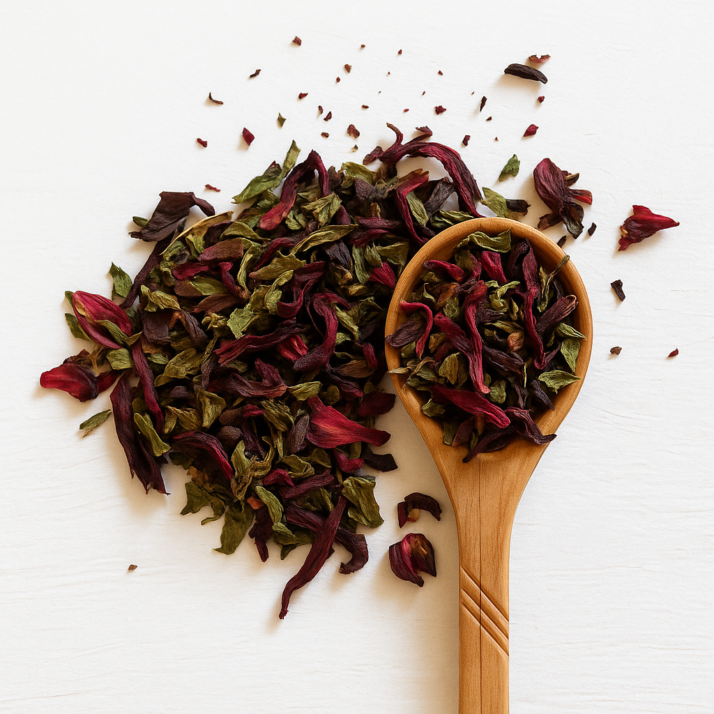 Glass cup of BloomBlend hibiscus and peppermint tea beside loose leaves; vibrant herbal tea for skin clarity and anti-inflammatory benefits