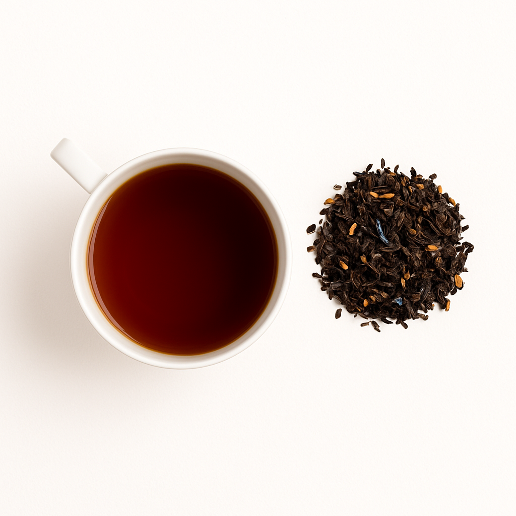 Rich amber tea with citrus peel and bergamot aroma; Earl Grey tea for antioxidant skin defense and mental clarity