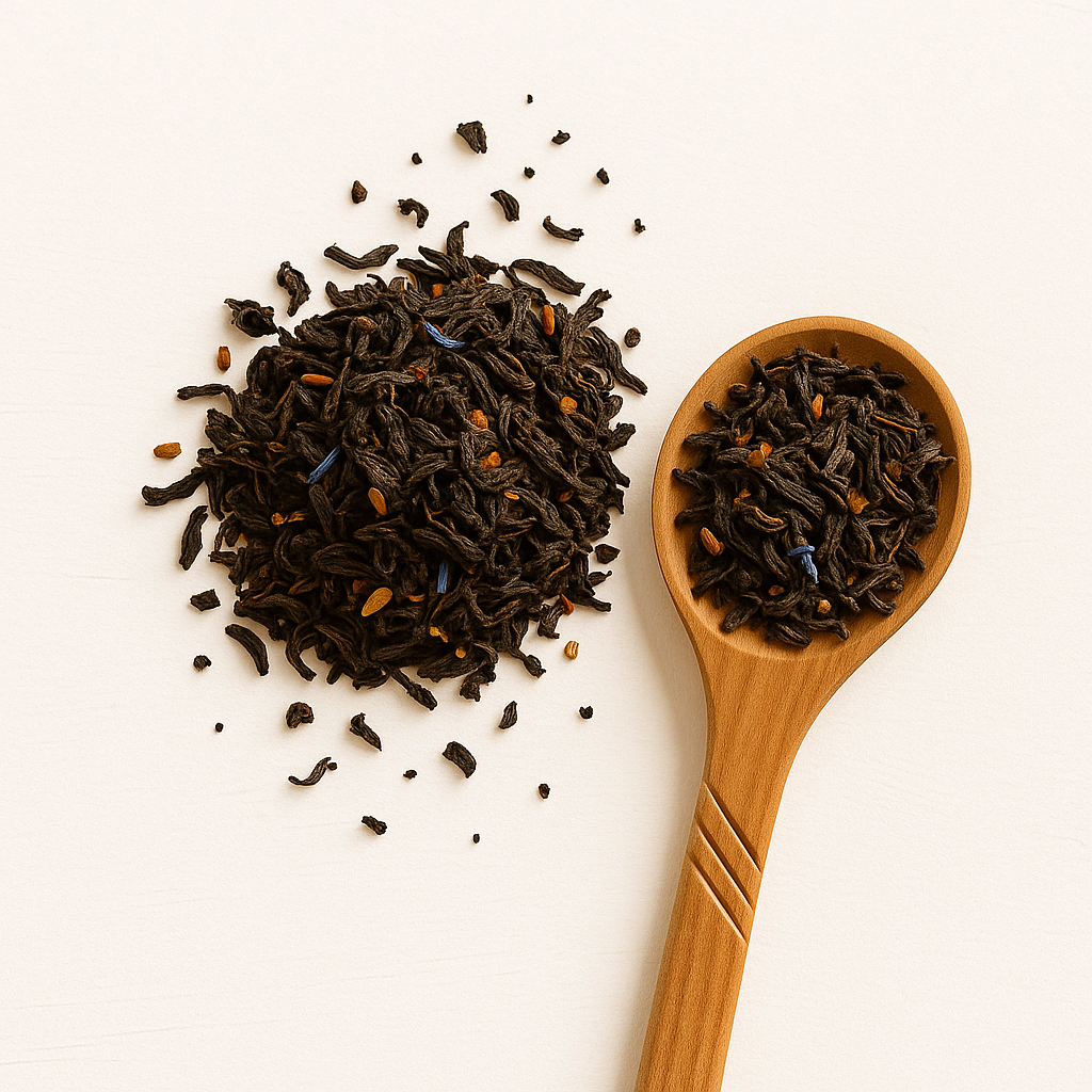 Rich amber tea with citrus peel and bergamot aroma; Earl Grey tea for antioxidant skin defense and mental clarity