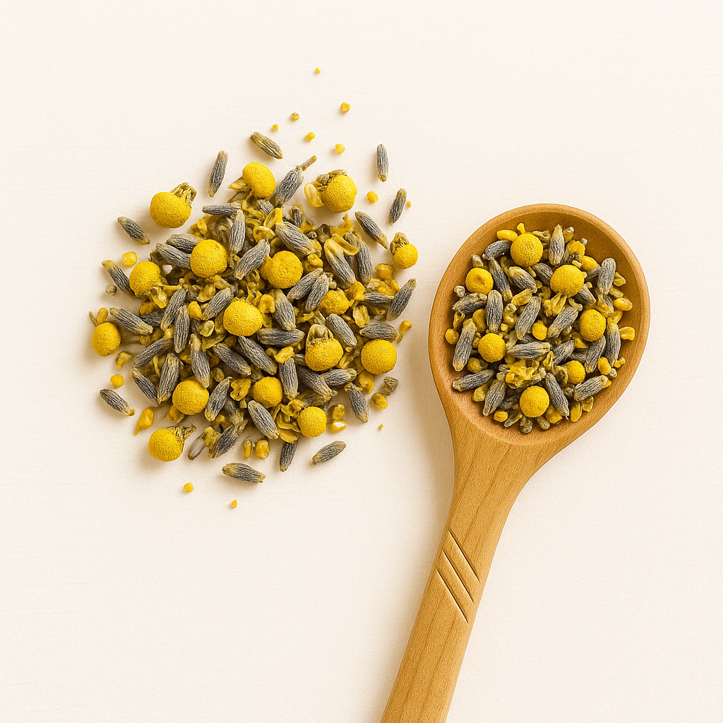 Steam rising from a calming lavender and chamomile tea beside dried flowers; herbal nighttime tea for skin repair and relaxation