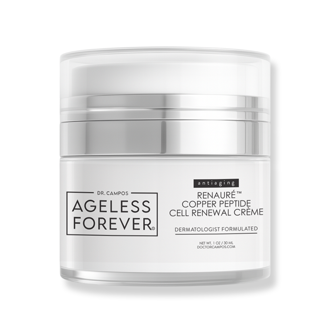 Jar of RENAURÉ cream on white background with botanical accents; copper peptide anti-aging moisturizer for skin regeneration and firmness