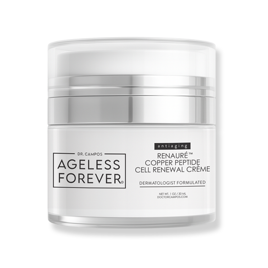 Jar of RENAURÉ cream on white background with botanical accents; copper peptide anti-aging moisturizer for skin regeneration and firmness