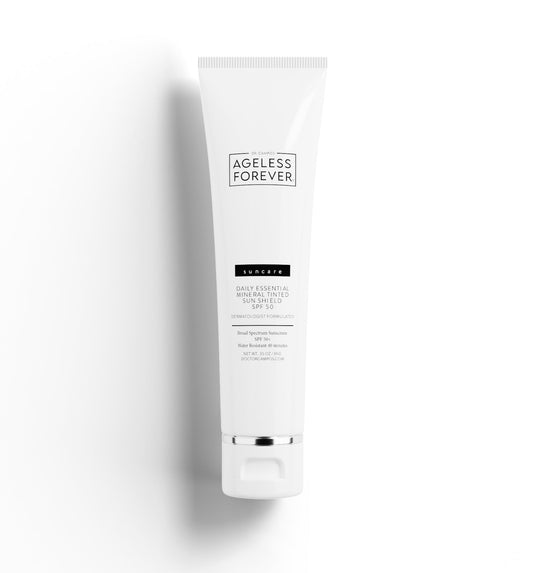 Essential Mineral Tinted Sun Shield SPF 50 tube – gentle mineral sunscreen for sensitive or healing skin by Ageless Forever
