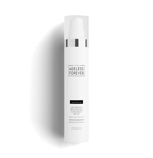 Lightweight Tinted Sun Shield SPF 50 bottle – hydrating and brightening daily tinted sunscreen by Ageless Forever