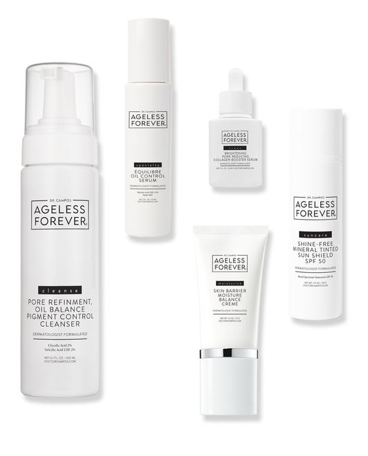 Ageless Forever Oil-Balance & Pore Control Kit featuring cleanser, two serums, lightweight crème, and tinted SPF