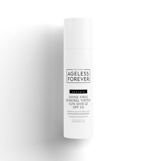 Shine-Free Tinted Sun Shield SPF 50 tube – matte-finish mineral sunscreen with tint and antioxidants by Ageless Forever