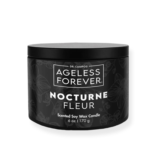 Minimalist black jar soy wax candle labeled Nocturne Fleur, surrounded by dried rose petals and fig slices; elegant skin-safe aromatherapy candle