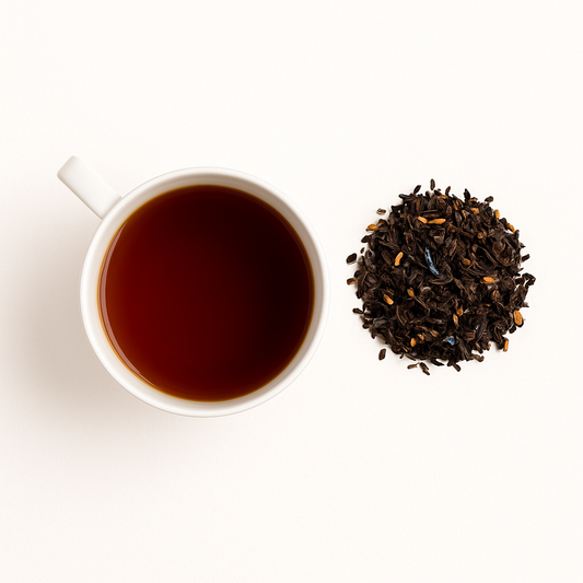 Rich amber tea with citrus peel and bergamot aroma; Earl Grey tea for antioxidant skin defense and mental clarity