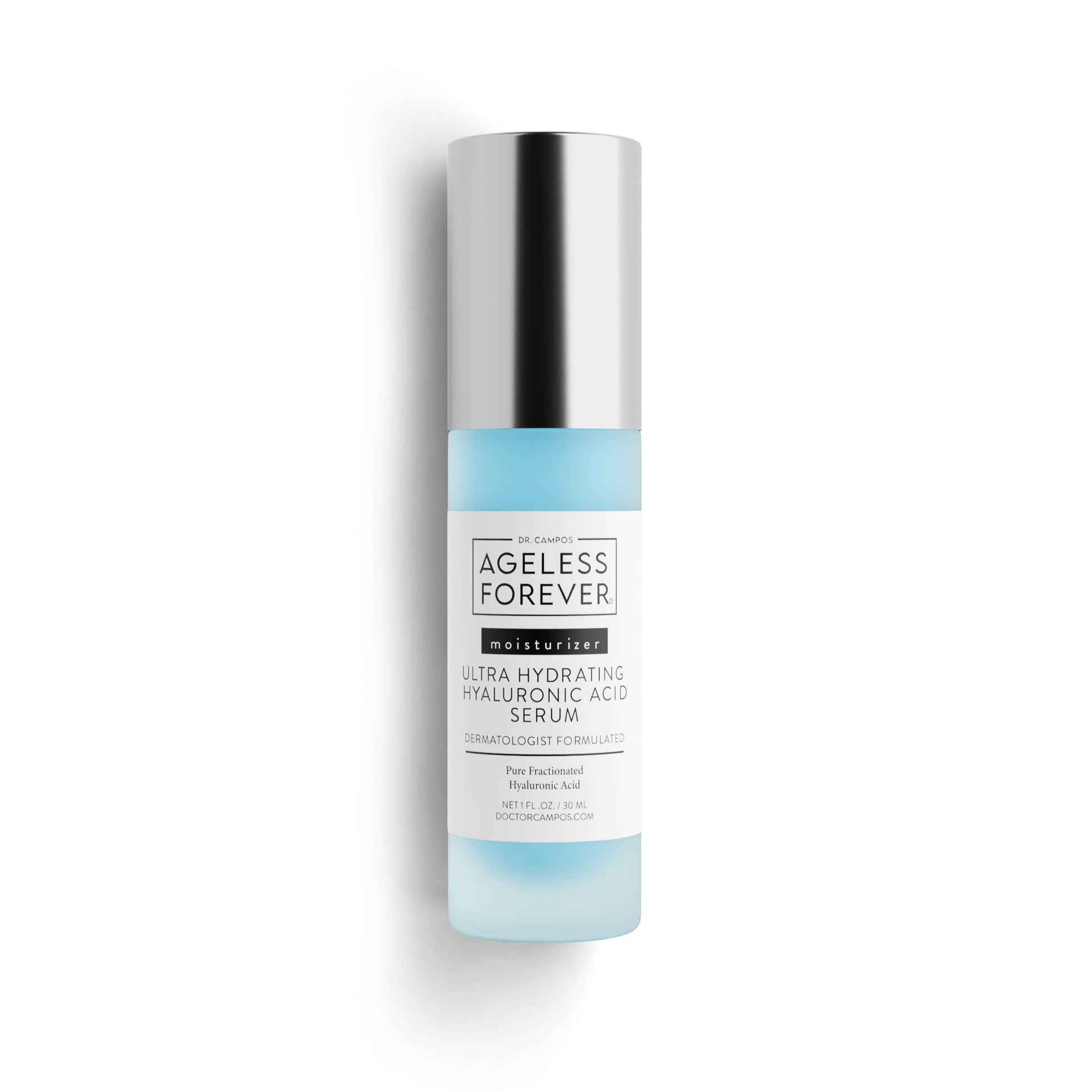 Ultra Hydrating Hyaluronic Acid Serum bottle – antioxidant and peptide-rich hydration booster by Ageless Forever